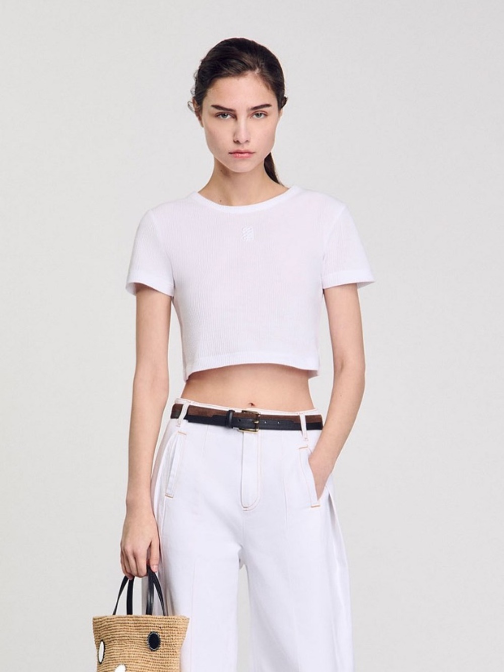 SANDRO White Ribbed Crop Top - Picture 7 of 11